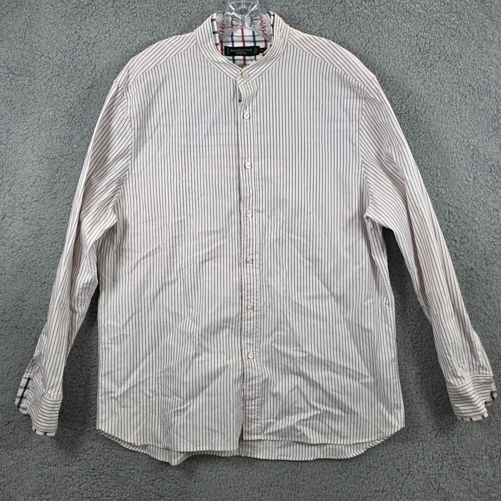Shanghai Tang Men's Button Up Shirt White Red Striped Mandarin Collar Size 2XL